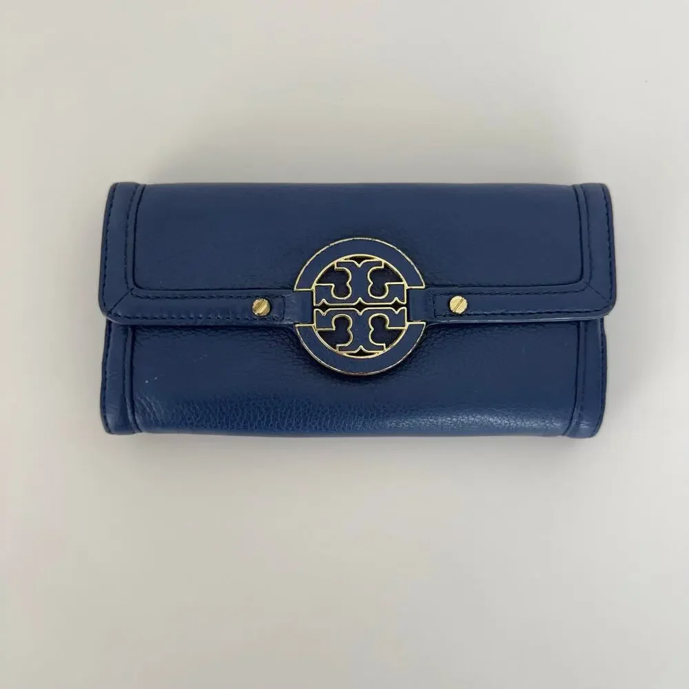 Tory Burch Amanda Envelope Continental Wallet Blue Pebble Leather Gold-Tone Logo